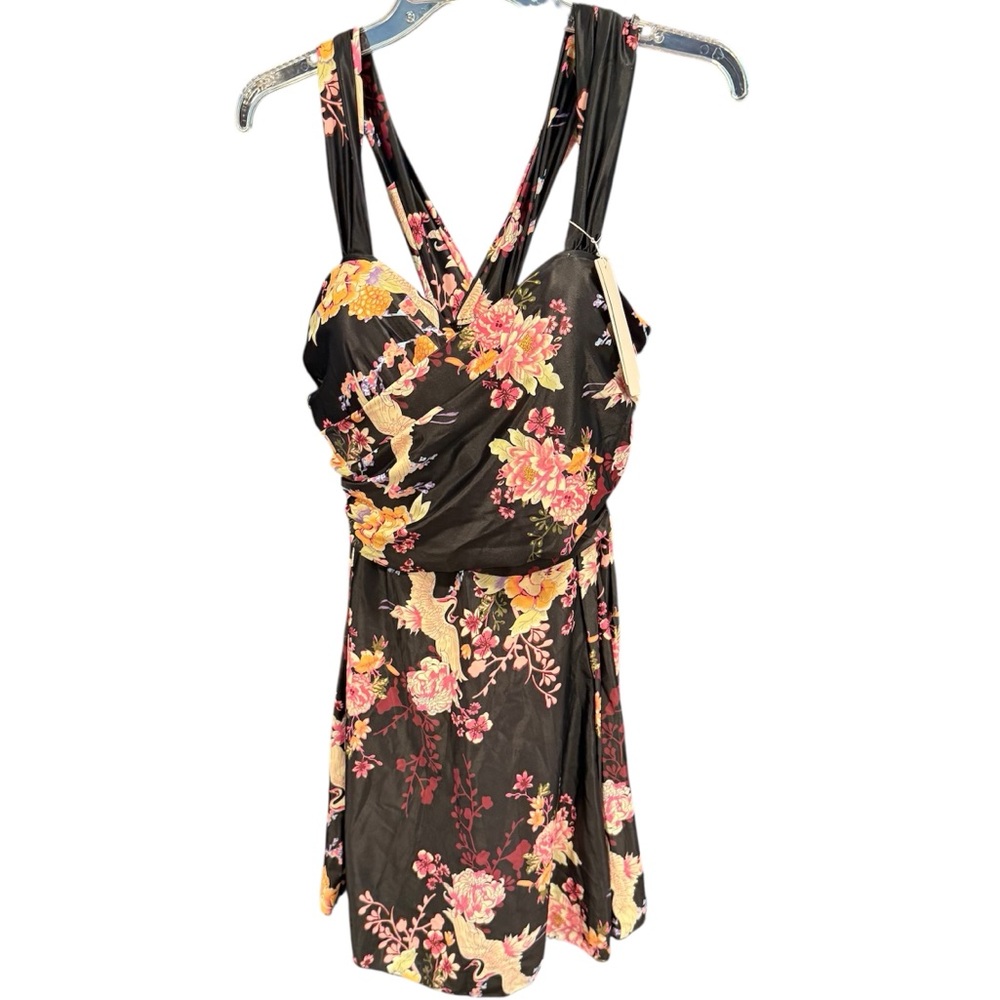 Cocopear Black Floral Crane Print Skirted Boyshort Swimsuit, size 2XL NWT